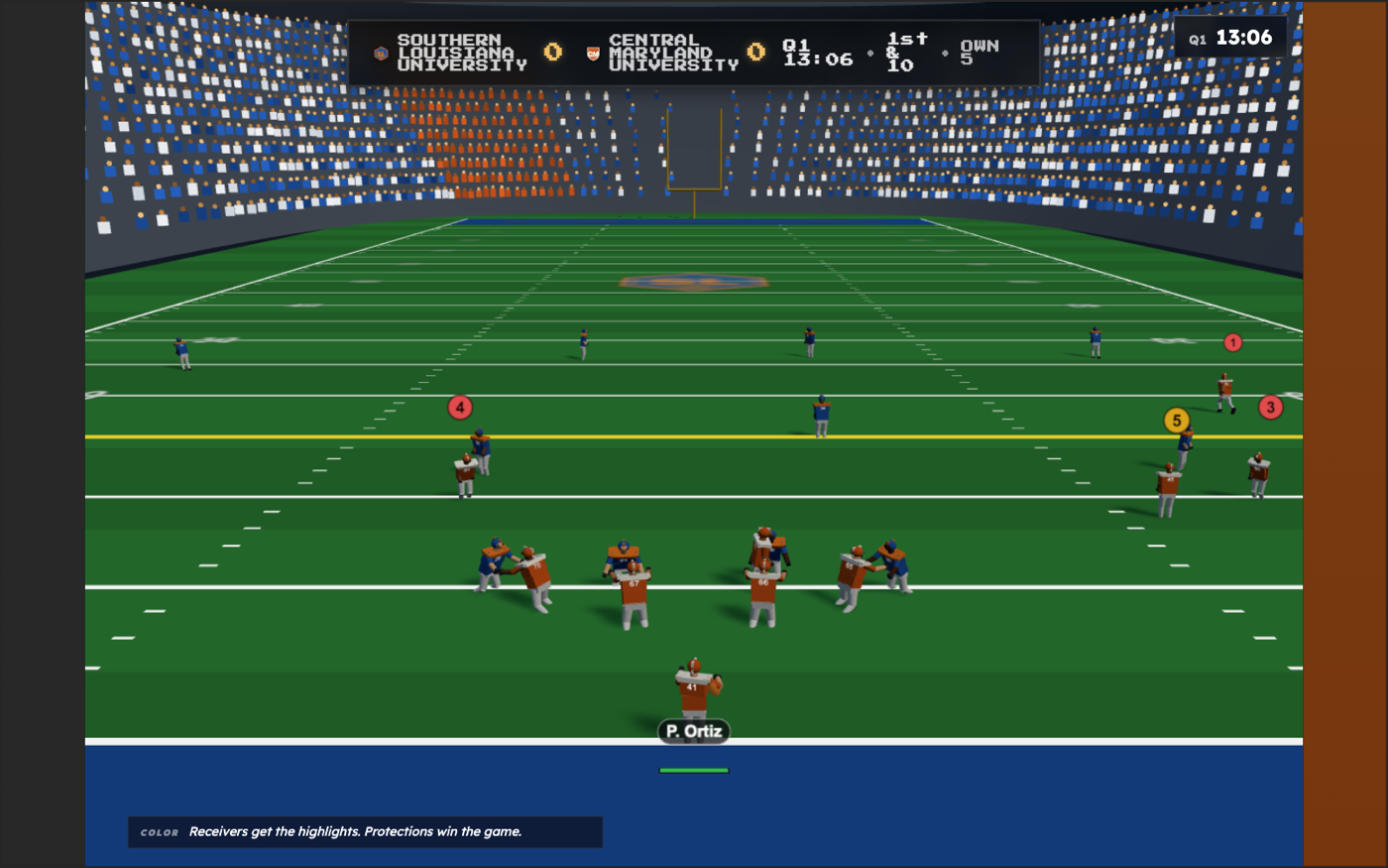 Pre-snap in the 3D engine — receiver badges up, hot routes open